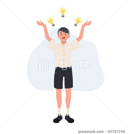 thinking concept, idea innovation, cute Thai student boy with many lightblup above. vector illustration 93787249