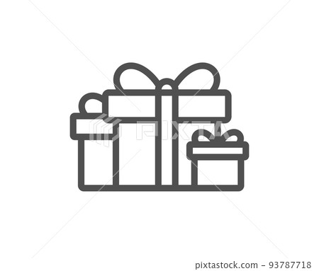 Gift boxes line icon. Present or Sale sign. Birthday Shopping symbol. Package in Gift Wrap. Quality design element. Linear style holiday presents icon. Editable stroke. Vector 93787718