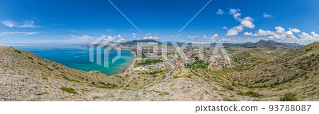 Scenic Panoramic view on resort city Sudak in Crimea from cape Alchak. Copy space. The concept of an travel, relax, active and healthy life in harmony with nature. 93788087