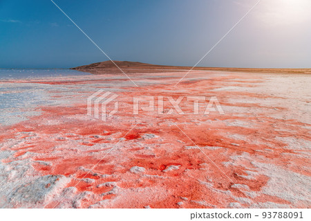 Brine and salt of a pink lake Koyash colored by microalgae Dunaliella salina, famous for its antioxidant properties, enriching water by beta-carotene, used in medicine and spa. cape Opuk, Kerch Crimea 93788091