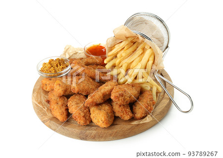 Concept of tasty food with chicken strips isolated on white background 93789267