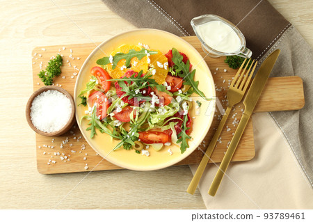 Concept of tasty food, salad with red orange, top view 93789461