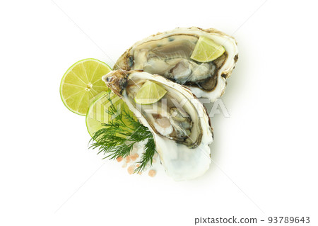 Concept of delicious seafood, oysters isolated on white background Concept of delicious seafood, oysters isolated on white background 93789643