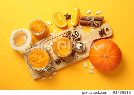 Concept of tasty food, pumpkin jam, top view Concept of tasty food, pumpkin jam, top view 93789819