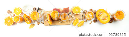 Concept of tasty food, pumpkin jam, top view 93789835