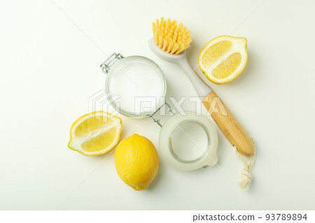 Concept of cleaning products or household cleaners, top view Concept of cleaning products or household cleaners, top view 93789894