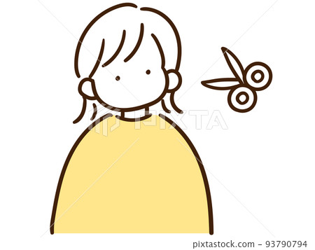 Fashionable line drawing illustration of a girl trying to cut her hair in a beauty salon 93790794