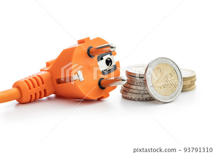 Electric plug and euro coins isolated on white background. Concept of increasing electricity prices. 93791310