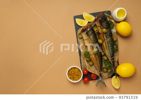 Concept of tasty food with smoked mackerel, space for text 93791319