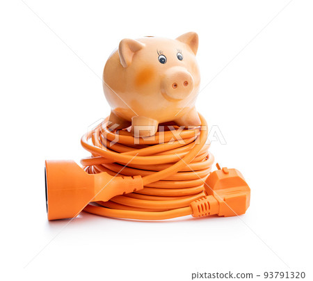 Orange extension power cord and piggy bank isolated on white background. 93791320
