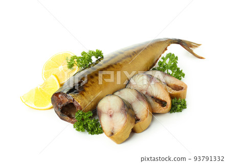 Tasty smoked mackerel isolated on white background Tasty smoked mackerel isolated on white background 93791332