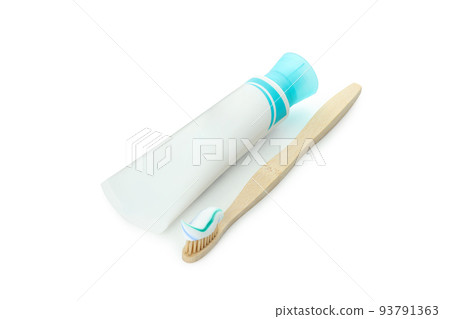 Toothpaste tube and toothbrush isolated on white background 93791363