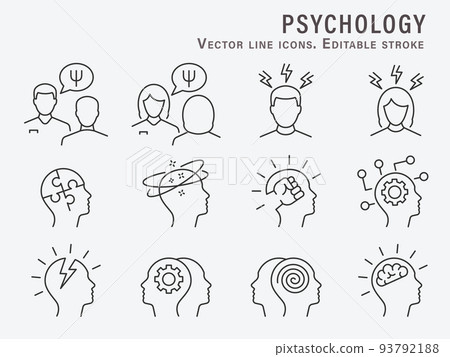 Psychology icons, such as doctor, mind, psychologist, depression and more. Editable Stroke. Vector illustration. 93792188