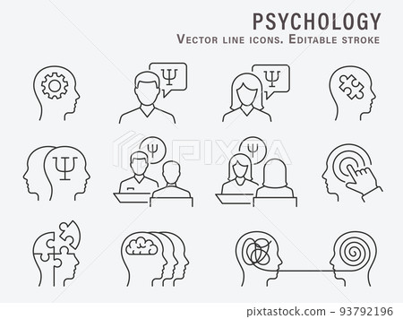 Psychology icons, such as brain, therapy, psychologist, depression and more. Editable Stroke. Vector illustration. 93792196