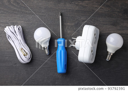Concept of electrician or electrical tools, top view 93792391