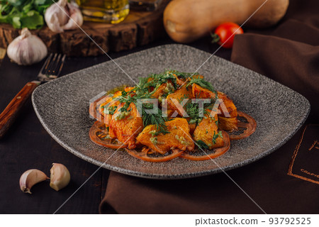 Freshly prepared sweet potato fries ready to eat 93792525