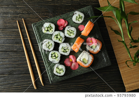 Concept of tasty food with sushi, top view 93793980