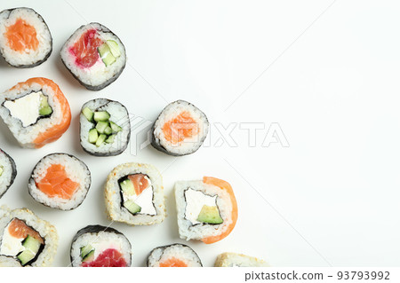 Concept of tasty food with sushi, space for text 93793992
