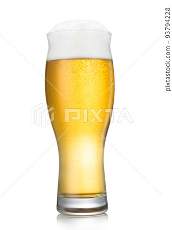 Lager beer in long glass with bubbles and foam on white. 93794228