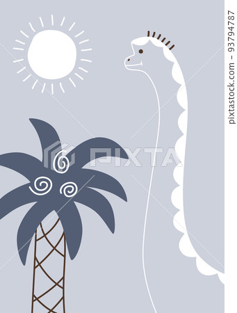 Childish blue poster in the playroom with a white big dinosaur next to a palm tree under the sun 93794787