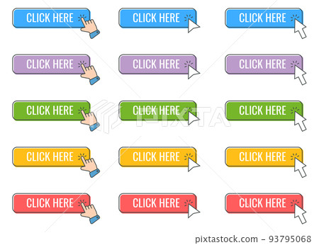 Click cursor icon with click here button vector set. Action button with mouse click 93795068