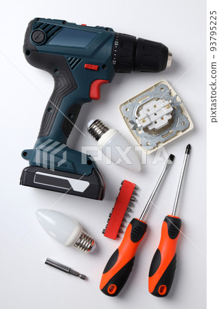 Concept of electrician or electrical tools, top view 93795225