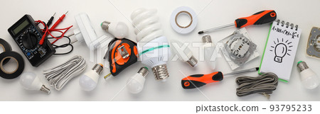 Concept of electrician or electrical tools, top view 93795233