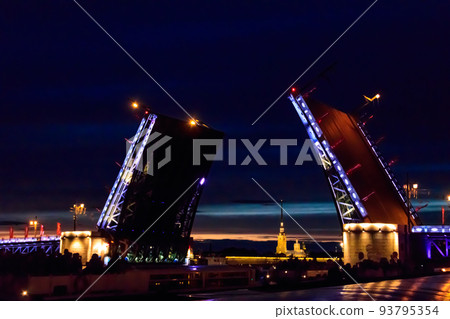 Opening of Palace drawbridge. Night view of Palace bridge from the Neva river in Saint Petersburg, Russia Opening of Palace drawbridge. Night view of Palace bridge from the Neva river in Saint Petersburg, Russia 93795354