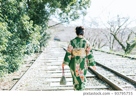 A woman in a kimono walking on the Keage Incline 93795755