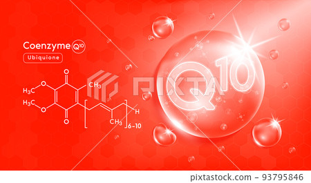 Drop water coenzyme Q10 red and structure. Vitamin complex with Chemical formula from nature. Beauty treatment nutrition skin care design. 93795846