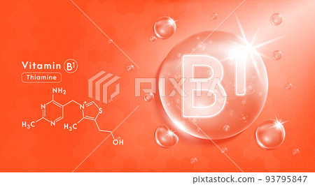 Drop water vitamin B1 orange and structure. Vitamin complex with Chemical formula from nature. Beauty treatment nutrition skin care design. Medical and scientific concepts.  93795847