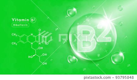 Drop water vitamin B2 green and structure. Vitamin complex with Chemical formula from nature. Beauty treatment nutrition skin care design. 93795848