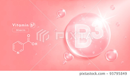 Drop water vitamin B3 pink and structure. Vitamin complex with Chemical formula from nature. Beauty treatment nutrition skin care design. 93795849