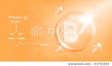 Drop water vitamin B7 orange and structure. Vitamin complex with Chemical formula from nature. Beauty treatment nutrition skin care design 93795854