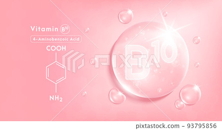 Drop water vitamin B10 pink and structure. Vitamin complex with Chemical formula from nature. Beauty treatment nutrition skin care design. Medical and scientific concepts. 93795856