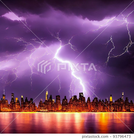 Lightning storm over fantasy city. 3D render - Stock Illustration  [93796473] - PIXTA