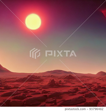 Planet Mars like landscape, sunrise, 3d render Planet Mars like landscape, sunrise, 3d render 93796482