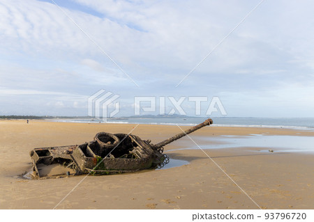 Ruined tank on the sand beach in Kinmen of Taiwan Ruined tank on the sand beach in Kinmen of Taiwan 93796720