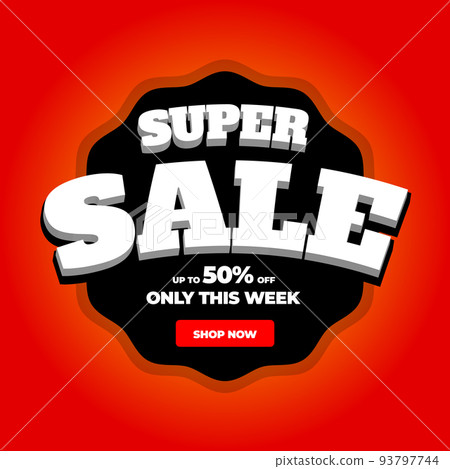 Promotion banner with big inscription super sale, up to 50 percent off, only this week on a black figure on an orange background Promotion banner with big inscription super sale, up to 50 percent off, only this week on a black figure on an orange background 93797744