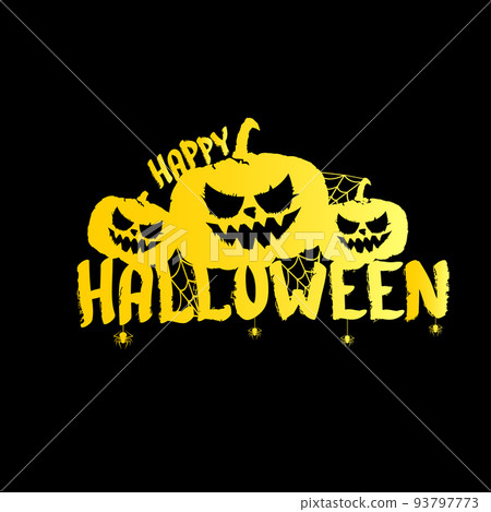 Happy Halloween text Banner or label. Vector halloween calligraphic text label with scary pumpkin isolated on black background. Halloween banner design template Happy Halloween text Banner or label. Vector halloween calligraphic text label with scary pumpkin isolated on black background. Halloween banner design template 93797773