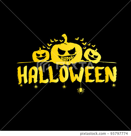 Happy Halloween text Banner or label. Vector halloween calligraphic text label with scary pumpkin isolated on black background. Halloween banner design template Happy Halloween text Banner or label. Vector halloween calligraphic text label with scary pumpkin isolated on black background. Halloween banner design template 93797774