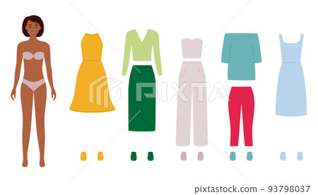 Dark skin paper doll with fashion clothes for different events, vector illustration Dark skin paper doll with fashion clothes for different events, vector illustration 93798037