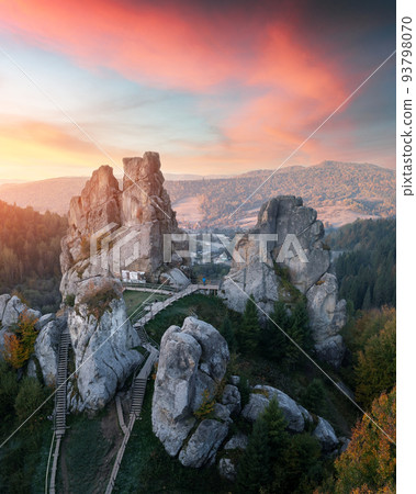 Aerial view from drone to Tustan fortress Aerial view from drone to Tustan fortress 93798070