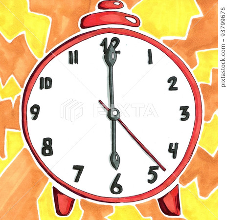 The ringing alarm clock is red on a yellow-orange background. Alarm clock for 6 am. Drawing by hand with alcohol markers. The ringing alarm clock is red on a yellow-orange background. Alarm clock for 6 am. Drawing by hand with alcohol markers. 93799678
