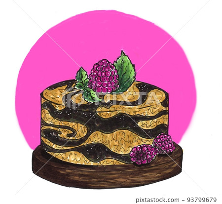 Marble cheesecake with raspberries on a wooden stand. Hand drawn cupcake. Alcohol markers. Marble cheesecake with raspberries on a wooden stand. Hand drawn cupcake. Alcohol markers. 93799679