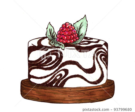 Marble cheesecake with raspberries on a wooden stand. Hand drawn cupcake. Alcohol markers. Marble cheesecake with raspberries on a wooden stand. Hand drawn cupcake. Alcohol markers. 93799680