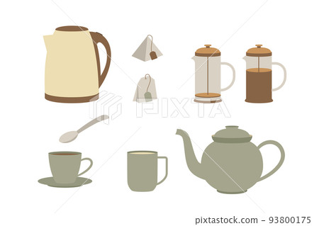 Kettle, brewer, teapot, mug and cup. Set of appliances Kettle, brewer, teapot, mug and cup. Set of appliances 93800175