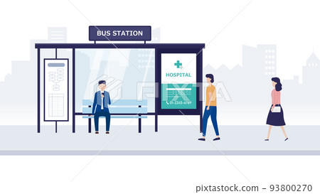 在公交車站等車的人的插圖素材 93800270
