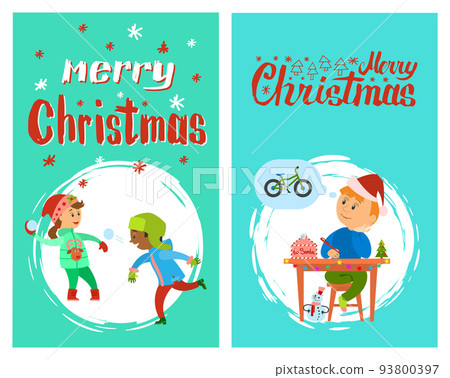 Merry Christmas Poster with Lettering, Children Merry Christmas Poster with Lettering, Children 93800397