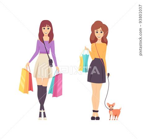 Shopping Young Women Carrying Lots of Bags Vector Shopping Young Women Carrying Lots of Bags Vector 93801037